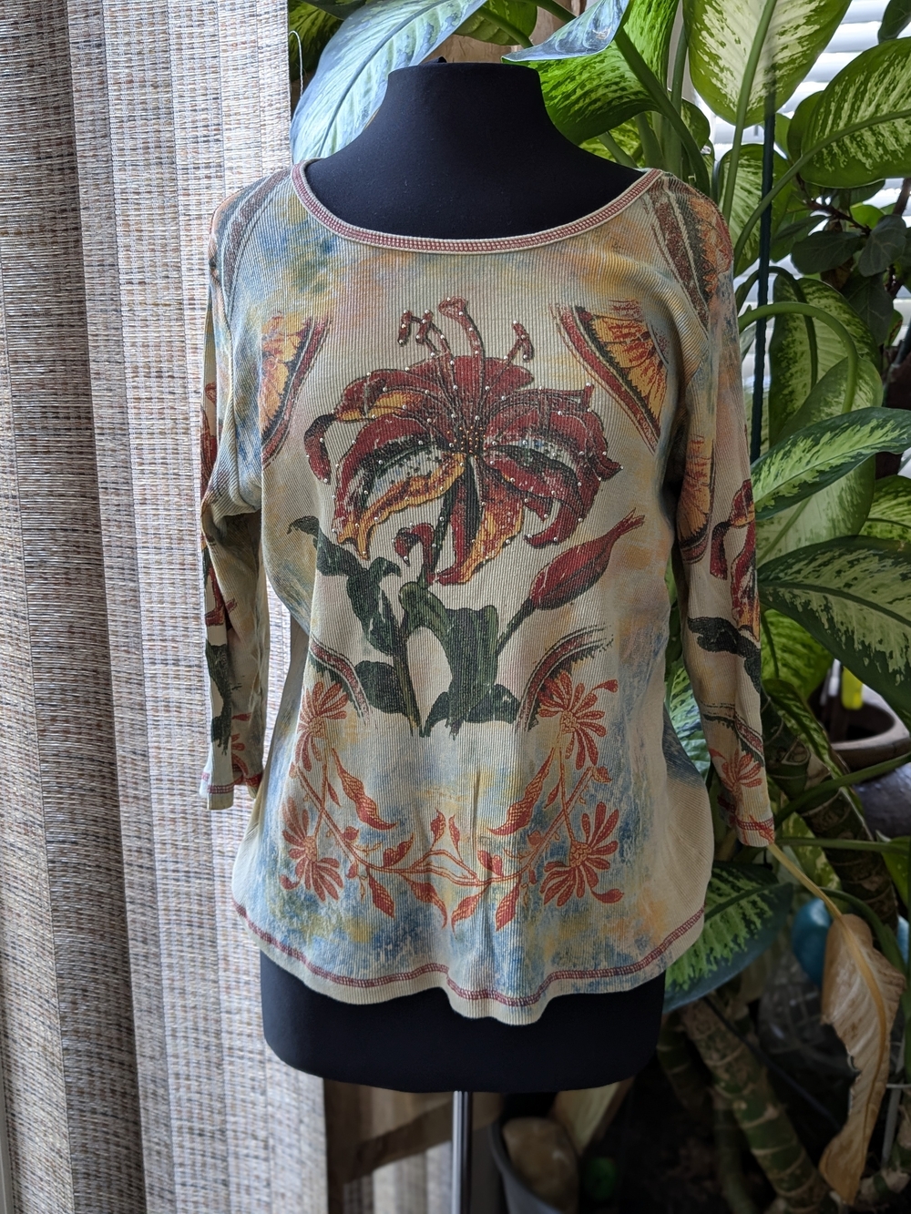 Lapis Tunic Womens 2xl Rhineston Studded Shirt Knit Top long Sleeve Art Graphics